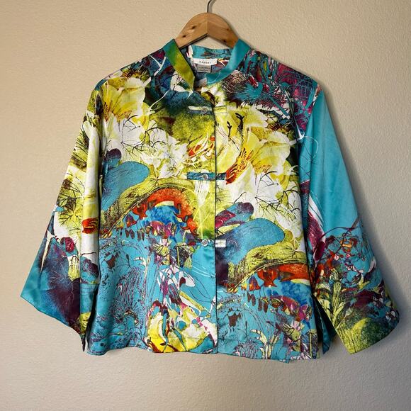 Natori Top Asian Art to Wear Haori Influenced Satin Stand Up Collar Size S - Picture 10 of 10